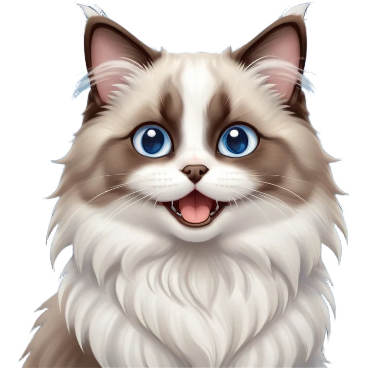cinematic-adorable-big-eyed-fluffy-dark brown and white ragdoll-cat-portrait-emoji,-head-tilted-playfully-with-a-cute,-yawn,-soft-brown-and white-colored-fur-with-darker-points-on-the-ears,-simplified-yet-irresistibly-cute-features, sparkling blue eyes emoji