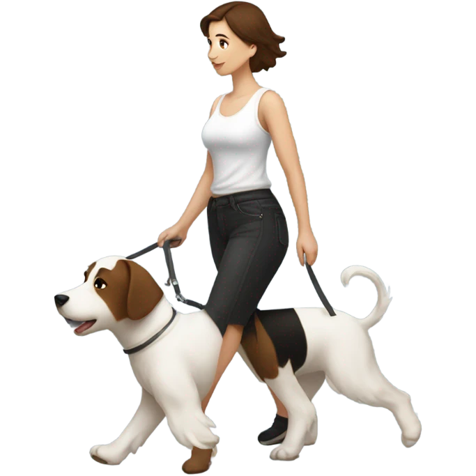 Woman with short brown hair in black tanktop walking one large white terrier emoji