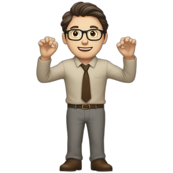 To belt Actively gesturing with hands Pale skinned fit man with dark brown hair in gray jacket, beige office shirt, brown tie, brown pants and vintage glasses. emoji