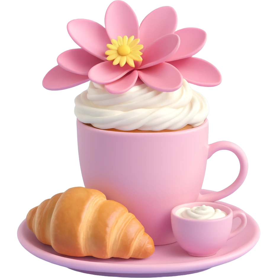pastel pink coffee cup with a flower and bow, on a saucer, next to a croissant with white icing, white background emoji
