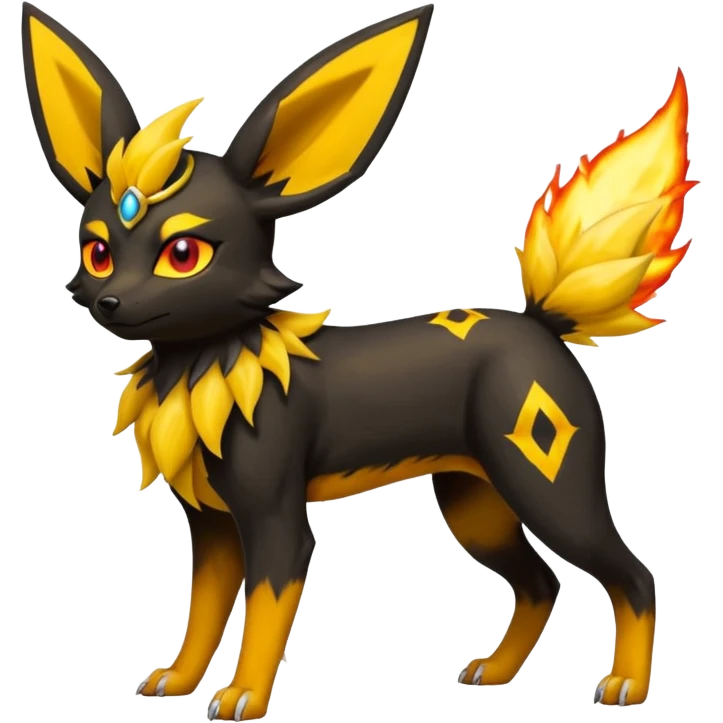 Flameing Fiery Cool Badass Realistic Umbreon-Jolteon-Fakemon-hybrid -fusion- full body emoji