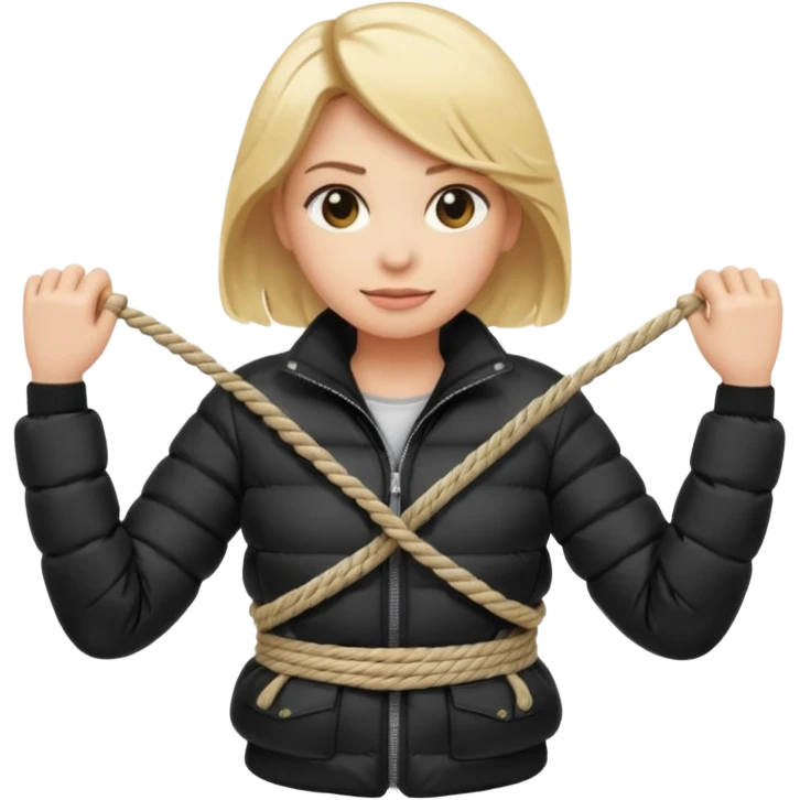 blond female emoji wearing a black down jacket, arms behind the back and ropes tying it emoji