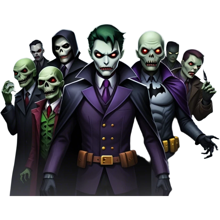 Icon for Thriller Movies: A large, dramatic collage featuring sinister villains and zombies in dark clothing. The background shows the gloomy cityscape of Gotham with dim lighting and eerie shadows. The atmosphere should be tense, mysterious, and suspenseful. Transparent background. emoji
