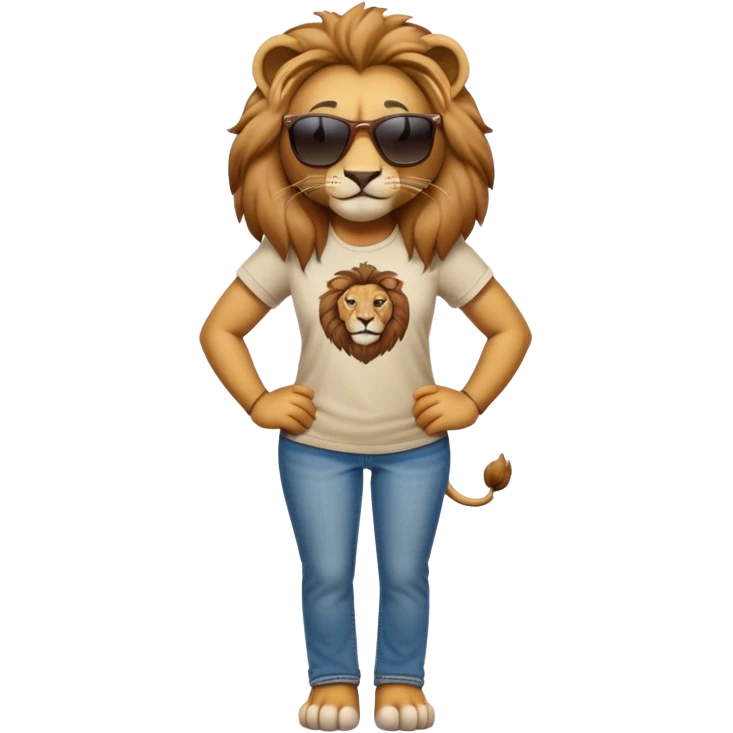 friendly anthropomorphised female lion character, full body, standing confidently with arms folded, wearing jeans, a t-shirt, and dark sunglasses emoji