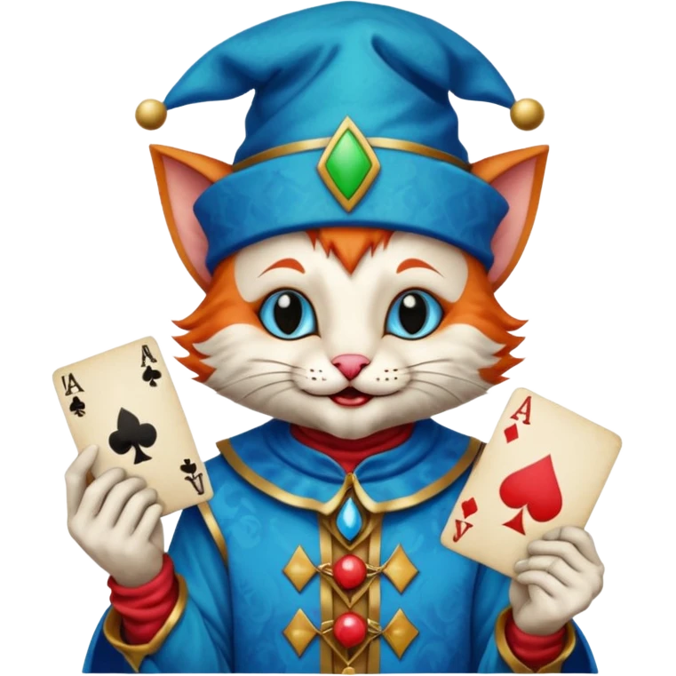 crazy colorful cute little cat jolly joker from poker, medieval, vintage, court jester, mac os icon, blue color, holds an ace poker card (clearly detailed and precise) emoji