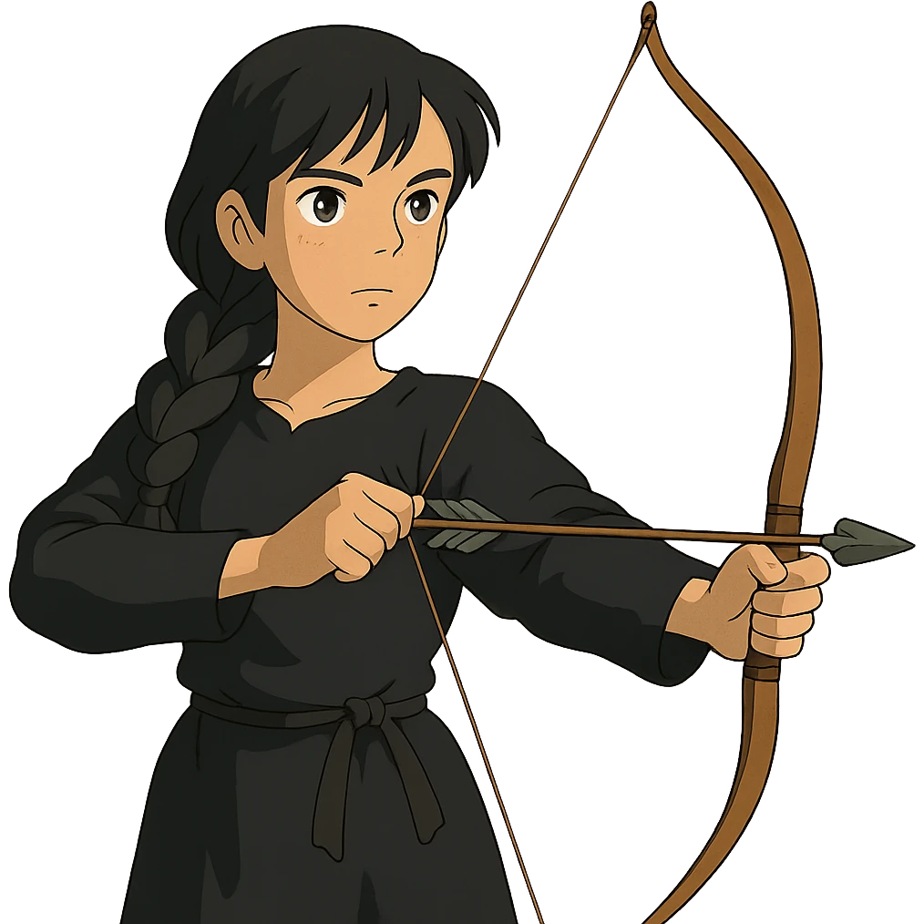 ghibli style girl with olive skin, gray eyes, black hair in a side braid, black outfit, bow and arrow emoji