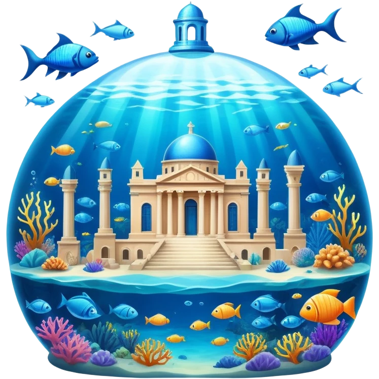 Atlantis underwater city with domed buildings, ancient Greek architecture, glowing blue energy crystal, surrounded by fish emoji