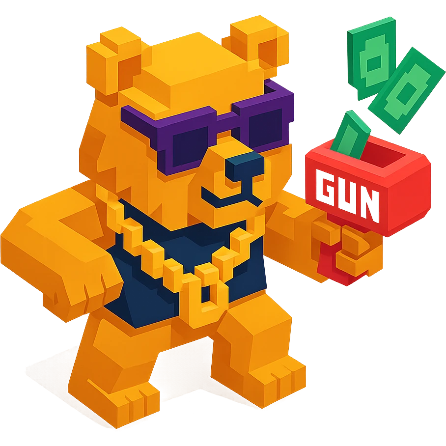 Russian grizzly bear in a rapper pose, wearing a chain and holding a money gun emoji