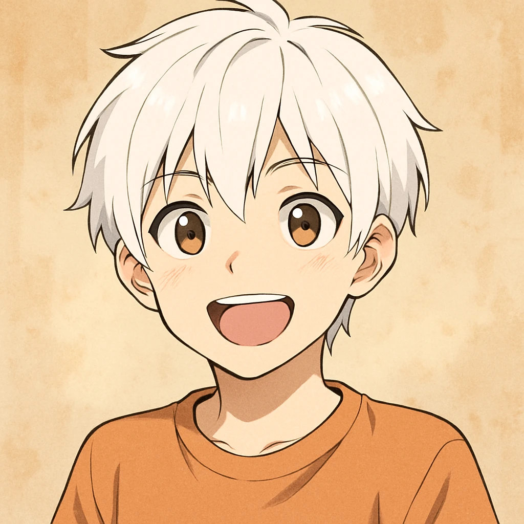 anime style boy with short white hair, cheerful look emoji