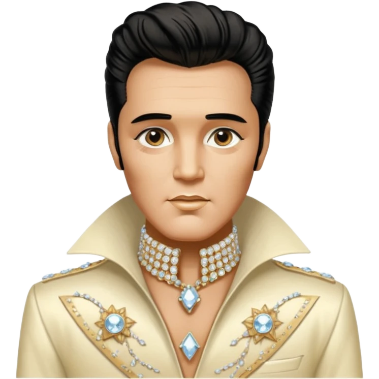 solarpunk aesthetic brilliant divine lighting, oil paint  -  An aging Elvis Presley in a glamorous ivory costume with a collar encrusted with diamonds emoji