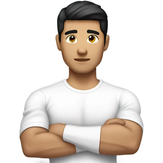 black-haired Asian man wearing a simple white shirt with folded sleeves while having a big biceps emoji