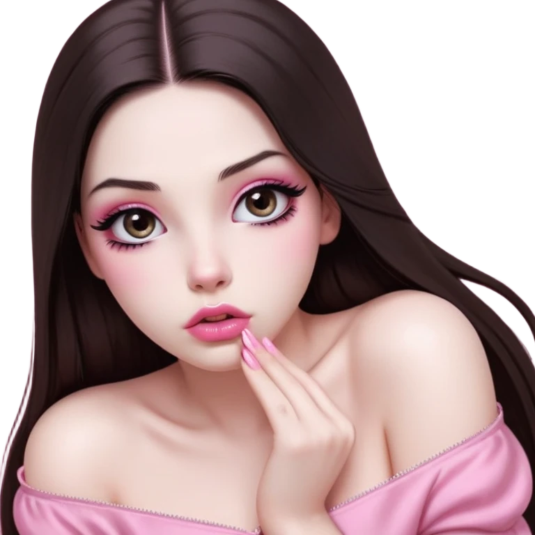 girl with white skin, dark brown long straight hair with middle part falling in front of her body, very big pouty extra shiny lips with absolutely no cupid's bow, big round shiny eyes with black eyeballs and huge eyelashes, lighter button nose, very long oval-shaped face, wearing a pink off-shoulder top, looking directly at camera with hands down at sides emoji