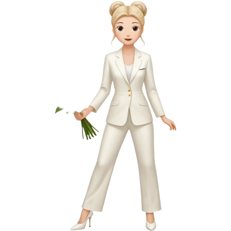 Chica blanca, traje pantalón blanco ancho, muy largo zapatos blancos tacon pelo recogido con mondongos mechones sueltos castaño ycuerpo entero ramo de flores emoji