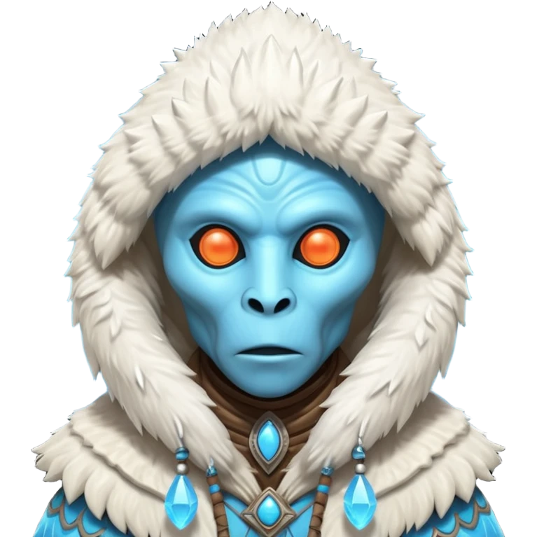 ancient arctic alien shaman portrait, head and shoulders only, Inuit-inspired fur hood, carved bone ornaments, glowing cosmic eyes, icy alien skin, spiritual sci-fi vibe, 3D cartoon, mobile game icon style, clean background, no text, no watermark


 emoji