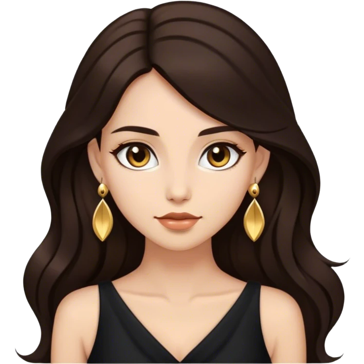 Beautiful woman,cute, long dark brown hair in dark dress with gold earrings emoji