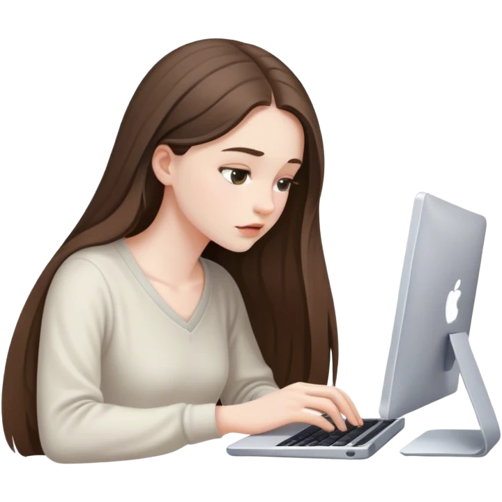 beautiful pale brunette girl with long hair editing photos on her computer looking down emoji