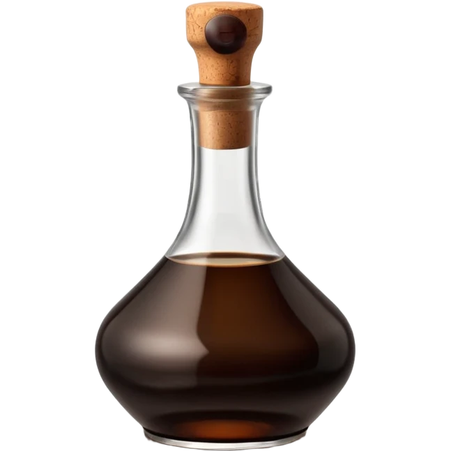 elegant glass bottle of balsamic vinegar, dark brown or ruby liquid, round or square base, slender neck, cork or metallic cap, dark glass with reflections, blank label optional, 3D clean style, transparent background emoji