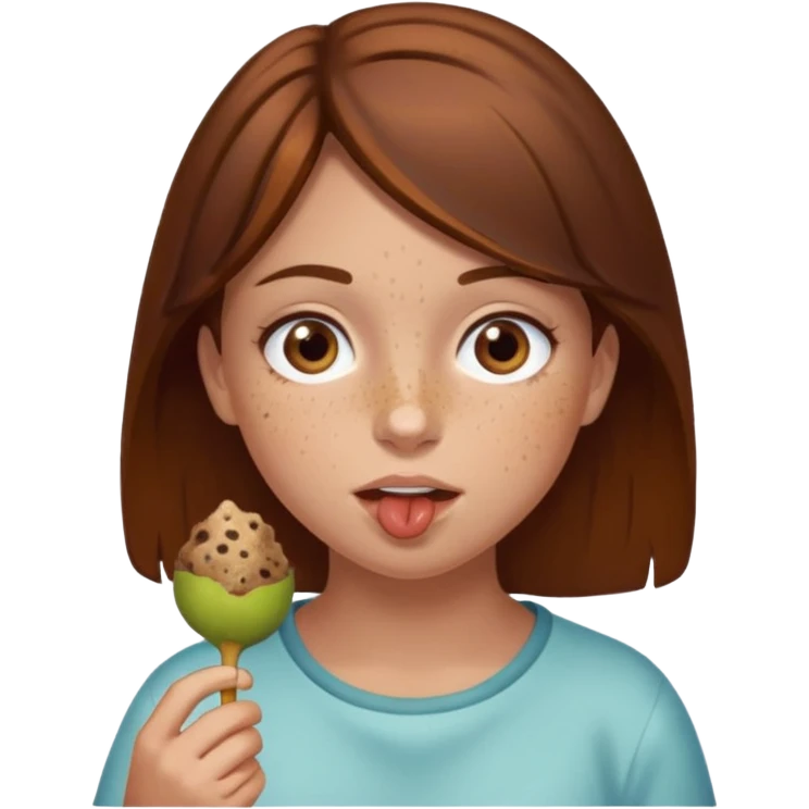 Brown hair girl with brown eyes and freckles eating poo emoji