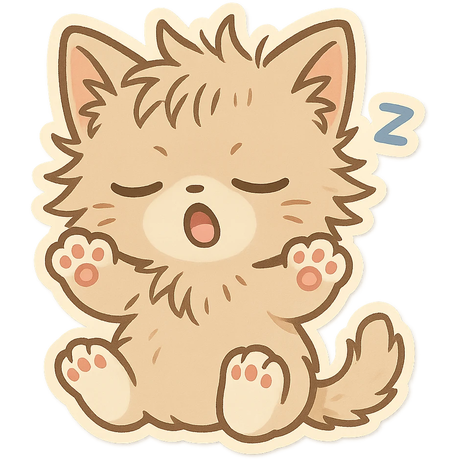 chibi style cat waking up, tiny paws, messy fur, cute expression emoji