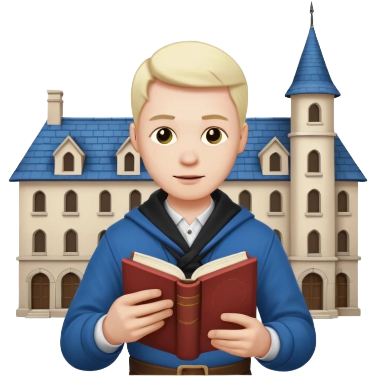 a man in clan clothes reads a book and twists a building in his hand  emoji