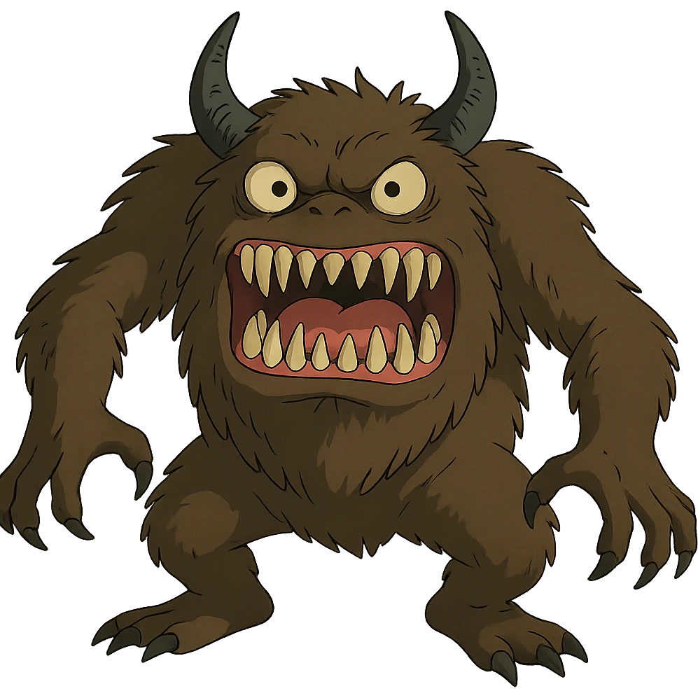 scary monster with sharp teeth and horns, ghibli-inspired style emoji