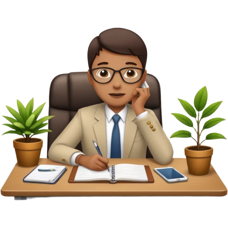 imagen de oficina con escritorio, silla, notebook, agenda y una plata con un cartel que diga FUERA DE OFICINA emoji