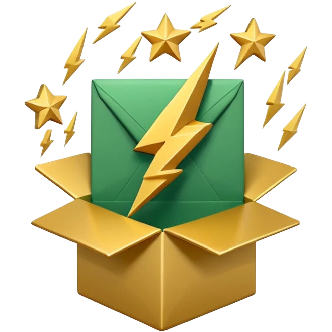 3D minimal open box with small floating icons coming out (envelope, lightning bolt, star), soft matte finish, deep green (#0B3D2C) box, gold (#C9B037) floating icons, Apple style, ultra clean and sleek, very soft ambient shadow, transparent background emoji