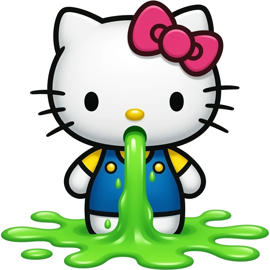 A hello kitty is vomiting neon green through her mouth, spewing it out onto the floor at her feet niagara emoji
