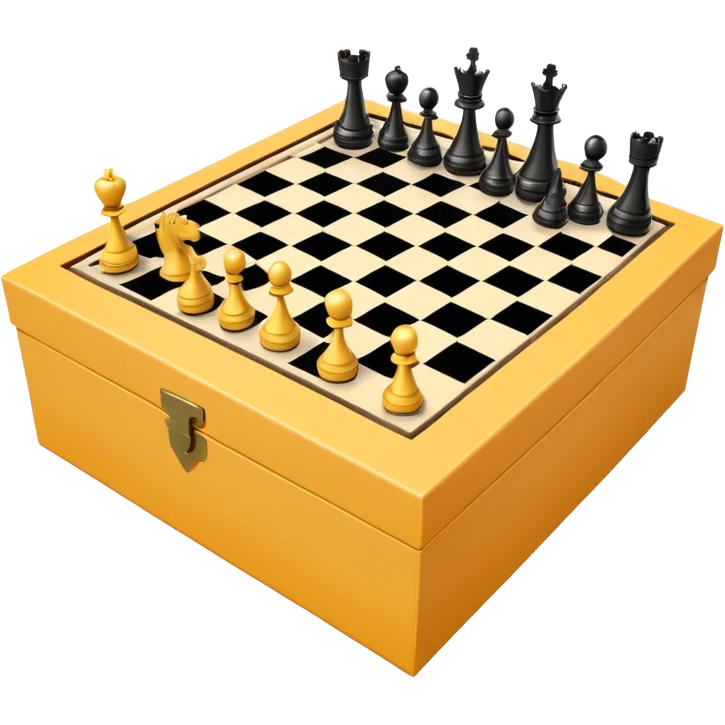 luxury cardboard box open with chessboard partially visible and chess pieces floating around scattered, emoji style emoji