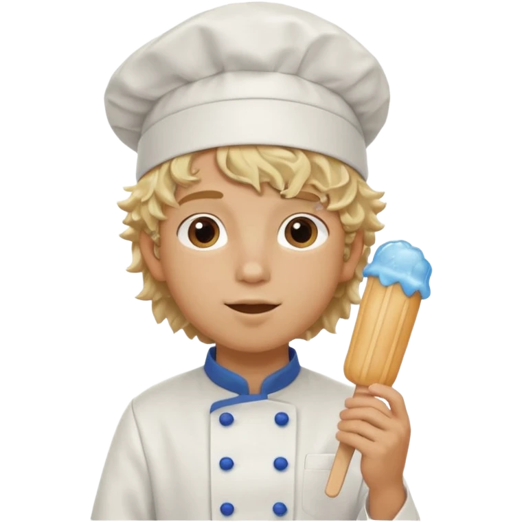 boy blonde curly hair, chef, eating blue ice pop emoji