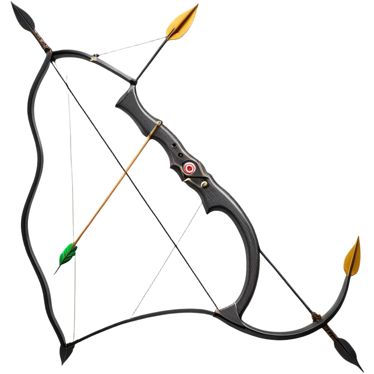 A professional recurve bow with an arrow nocked, ready to be released. The target features concentric rings, placed at a distance. The emphasis is on the bow, arrow, and target, highlighting the precision, focus, and skill involved in competitive archery. emoji