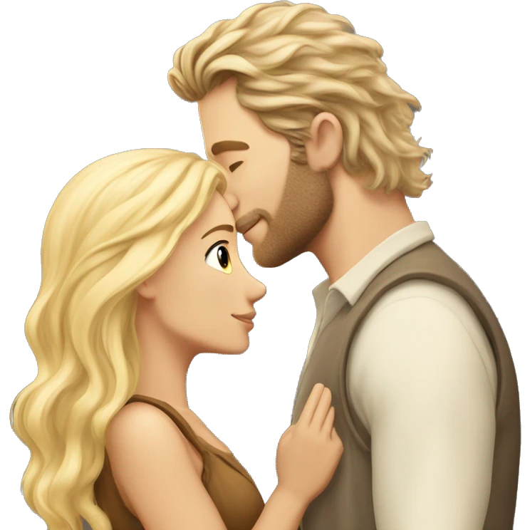 hunk white man with hobbit hair and scruff wearing normal clothes passionately kissing pretty blonde straight long hair woman emoji