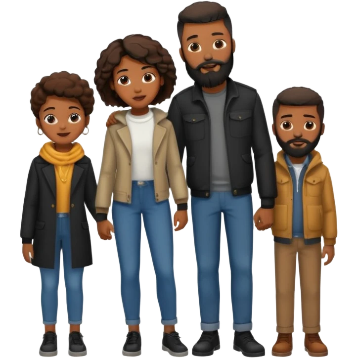 A loving black family of four (4). With a mother,  a little brother, a 15 yr old daughter, and a father with a full beard, all dressed in urban chic clothing emoji