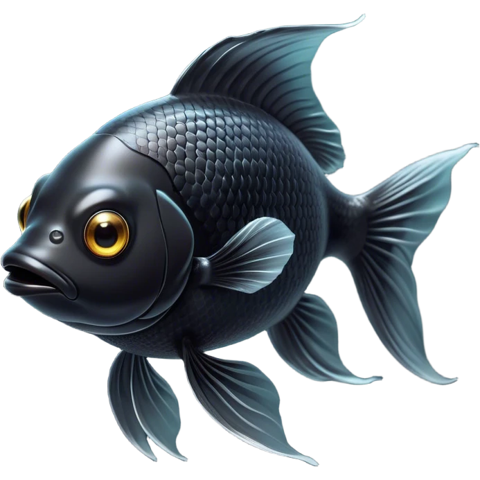 Cinematic Noble Black Goldfish Portrait Emoji, Poised and regal, with a sleek, streamlined build and a lustrous, deep black body, deep-set soulful golden eyes, Simplified yet sharp and sophisticated features, highly detailed, glowing with a soft, dignified glow, high shine, intelligent and graceful, stylized with an air of aquatic elegance, focused and attentive, soft glowing outline, capturing the essence of a watchful and confident aquatic companion, so majestic it feels as though it could glide out of the screen with effortless authority! emoji
