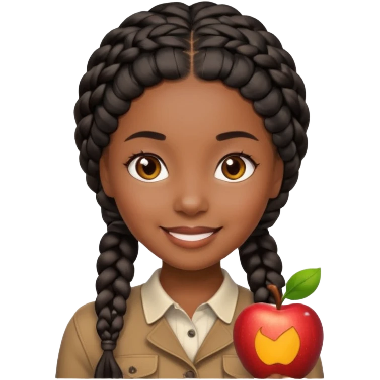smiling black girl with black braided hair and warm brown eyes, close-up face only, very polished and attractive, Apple emoji style emoji