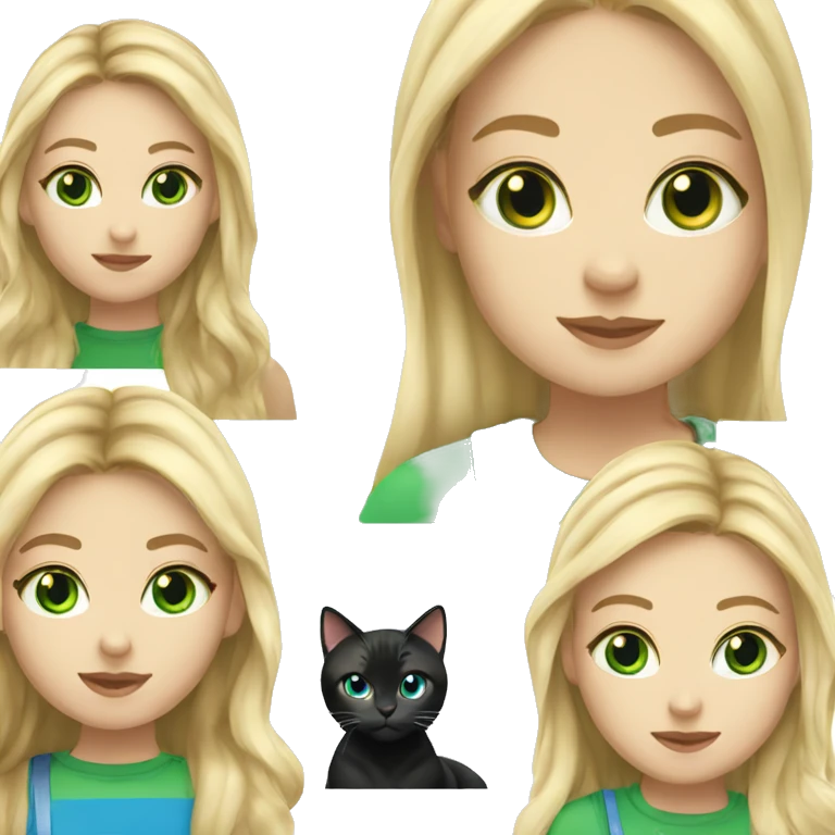 girl , blue eyes, with flowing blond hair and black tabby cat with green eyes emoji