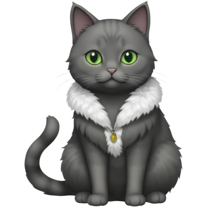 full body view of beautiful female solid dark grey cat with green eyes, grey face, white toes/paws and small white patch on her chest emoji