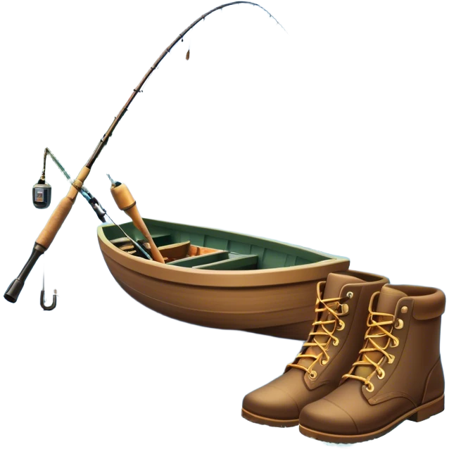 Icon for Fishing Travel: a fishing rod, tackle box, boots, and a boat by a serene lake, with fish jumping out of the water and surrounded by lush nature. The icon should capture the peaceful and adventurous spirit of fishing trips. Transparent background. emoji