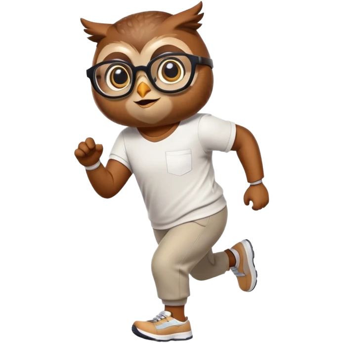 friendly anthropomorphised owl in pants and a shirt, wearing glasses, jogging upright, relaxed pose emoji
