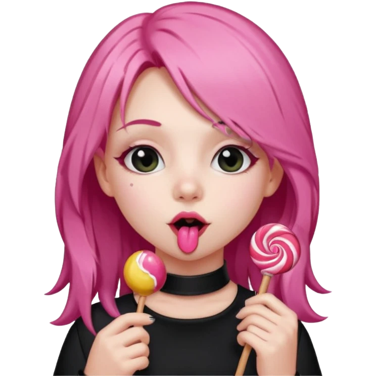 Cute girl with long pink hair wearing black, and a cute choker  licking a lolli emoji