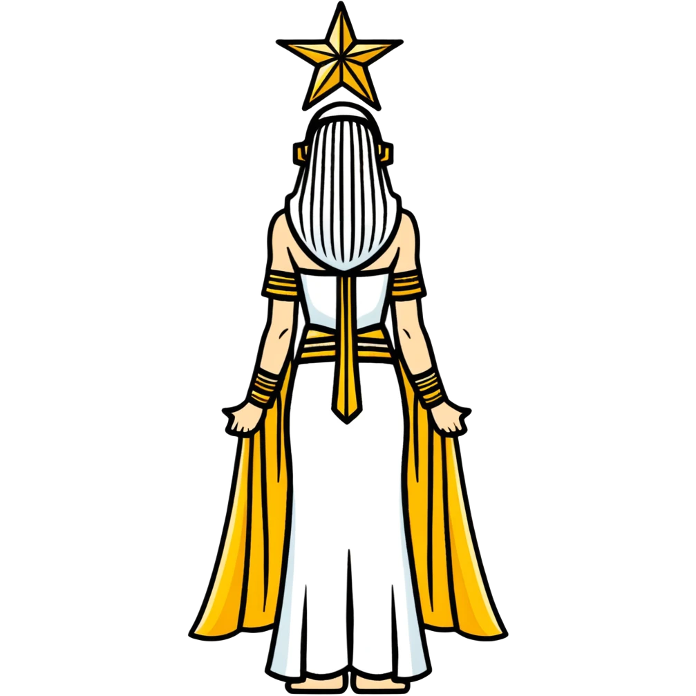 back view of Anunnaki goddess Inanna with detailed ceremonial robes and star symbols emoji