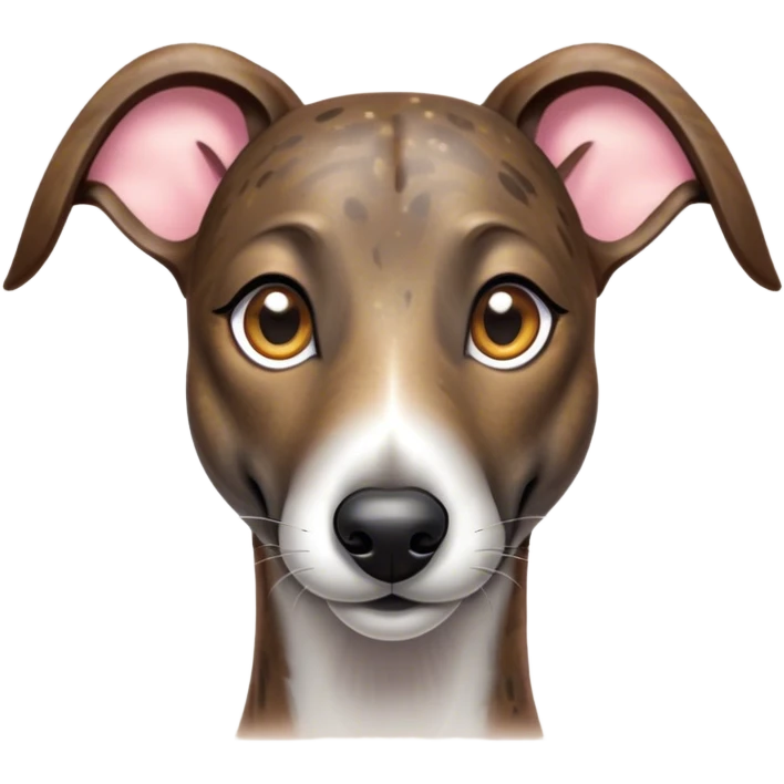 Cinematic Cute Brindle Greyhound Portrait Emoji, Head tilted playfully and inquisitively, featuring a sleek brindle Fur with subtle variations and round, sparkling eyes filled with curiosity, Simplified yet irresistibly adorable features, highly detailed, glowing with a warm, friendly glow, high shine, affectionate and nimble, stylized with a touch of whimsy, bright and endearing, soft glowing outline, capturing the essence of a mischievous yet loving companion, so playful it feels like it could sprint out of the screen and into your arms! emoji