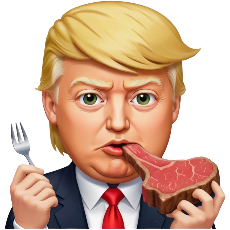 photorealistic Donald Trump eating a steak shaped like an piece of land emoji