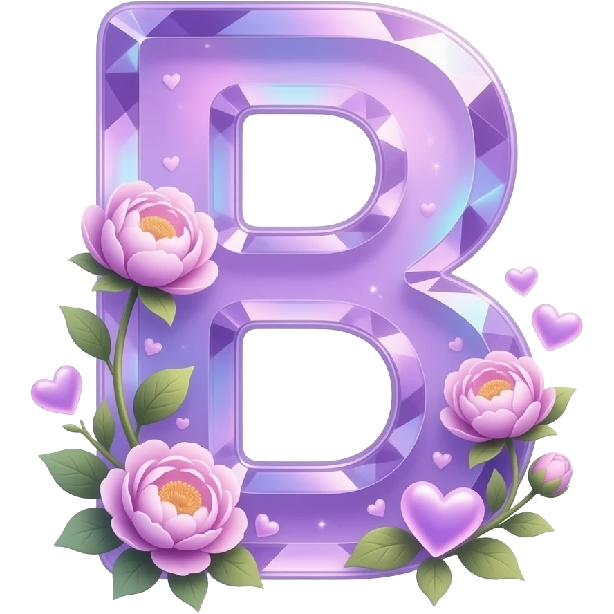 An uppercase letter 'B' sculpted from translucent crystal that glows with a soft violet light. Miniature glowing peonies and tiny heart-shaped leaves grow along its edges. Iridescent texture, fairycore aesthetic, macro photography style emoji