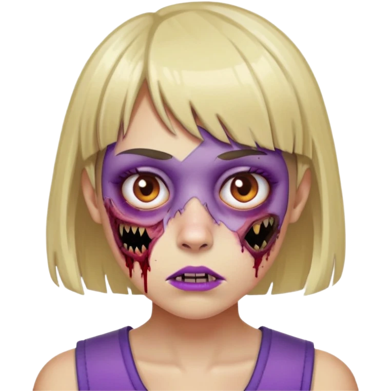 cabelo curto passando 5cm do ombro, franja, mecha loira no lado esquerdo pegando metade da franja, franja na altura da sobrancelha, aparelho no dente roxo e me faça como zombie emoji