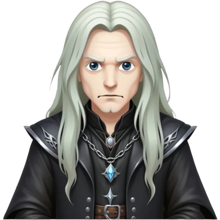 wizard with long hair, heavy metal aesthetic, leather clothes, dark magic emoji