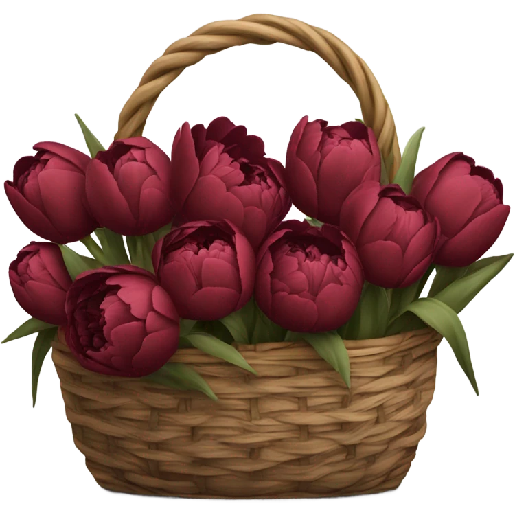 a large black basket of flowers consisting of dark red peonies in shades of burgundy and tulips in shades of red emoji