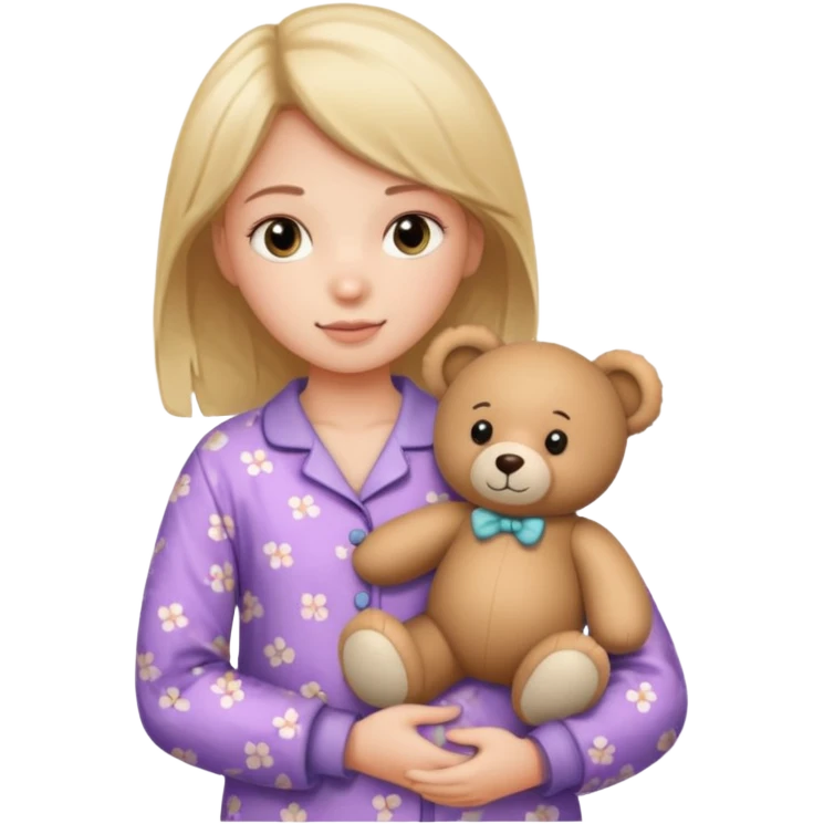 Gere uma menina com pijama e um urso emoji