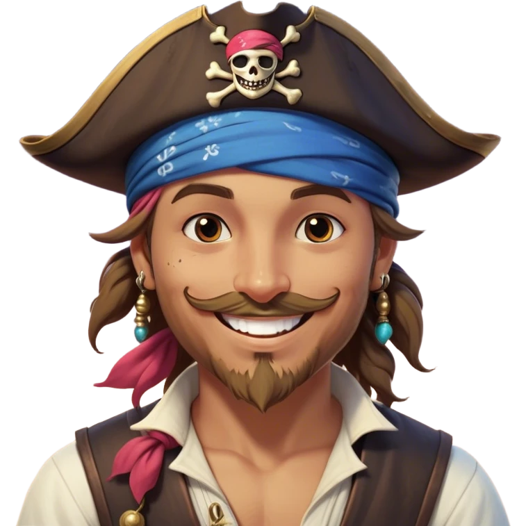 Clash of Clans aesthetic Playful Pirate Portrait Emoji, Head tilted with a roguish, cheeky grin and twinkling eyes, featuring a compact, spirited build with a jaunty hat and a quirky bandana, his natural skin tone evident, Simplified yet irresistibly charming features, highly detailed, glowing with a warm, inviting oceanic glow, high shine, spirited and lively, stylized with an air of whimsical maritime mischief, soft glowing outline, capturing the essence of a playful pirate exuding friendly rogue charm! emoji