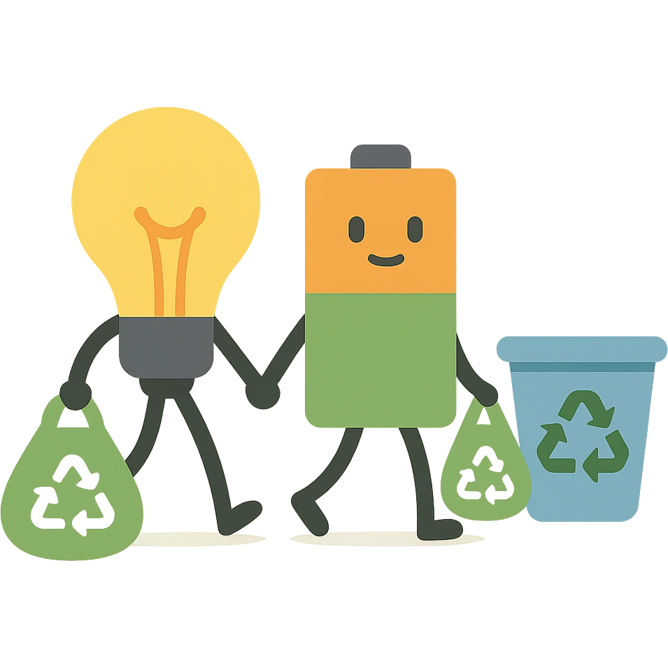 a lightbulb and a battery holding hands, each carrying bags to recycle, walking together toward a recycling bin emoji